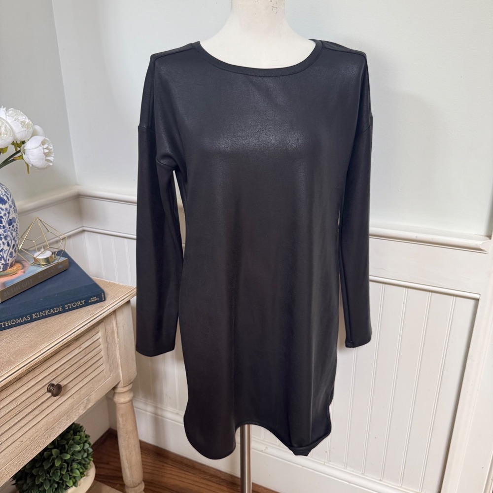 NWT Cable & Gauge Womens Black Faux Leather Long Sleeve Tunic Dress Size Medium